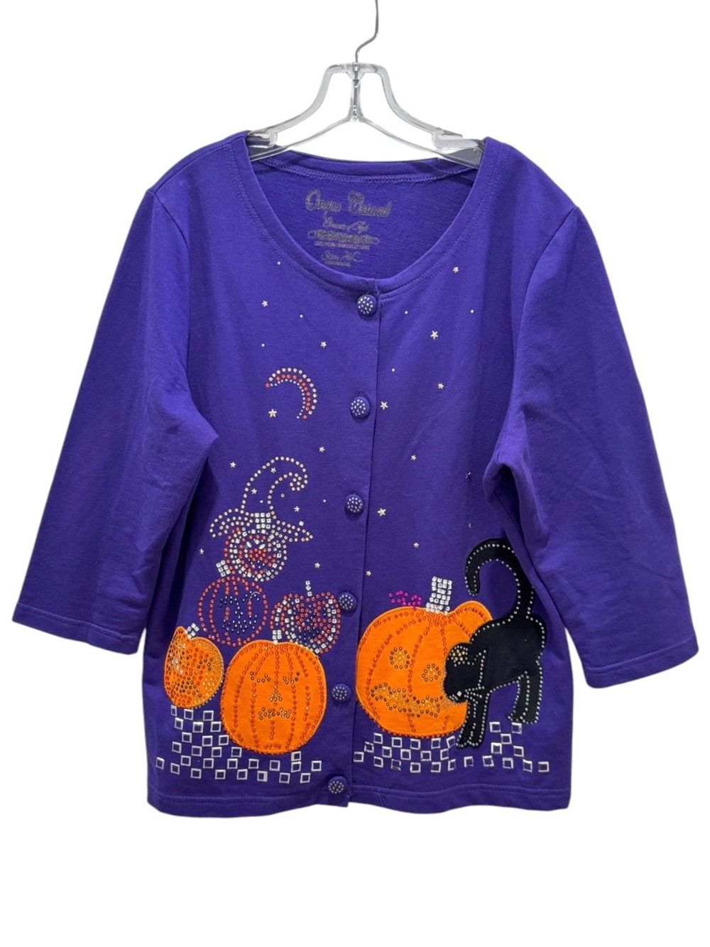 Vintage Onque Casuals Purple Cardigan with Orange Pumpkins and Black Cat